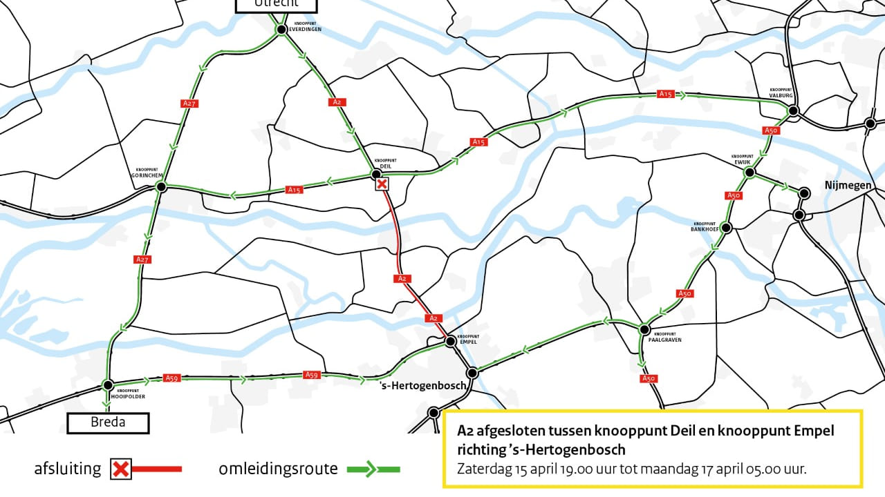 A2 tussen knooppunt Deil en Empel binnenkort gesloten voor onderhoud