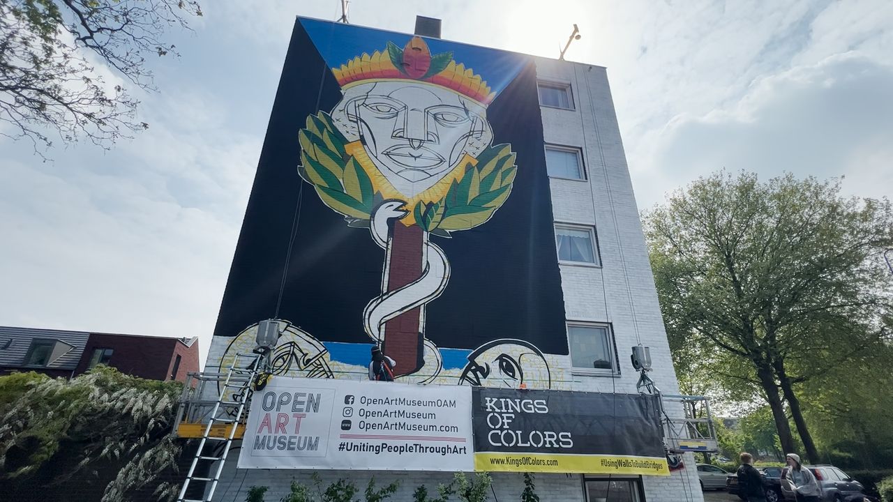 Braziliaanse kunstenaar maakt enorme muurschildering in Den Bosch